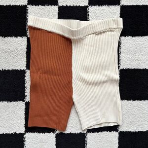 Staud Colorblock Brown and Cream High Waisted Maki Rib-Knit Biker Shorts M